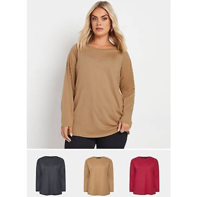 Yours 3 Pack Curve Natural Brown & Red Long Sleeve Tshirts, Women's Curve & Plus Size, Yours - 34-36
