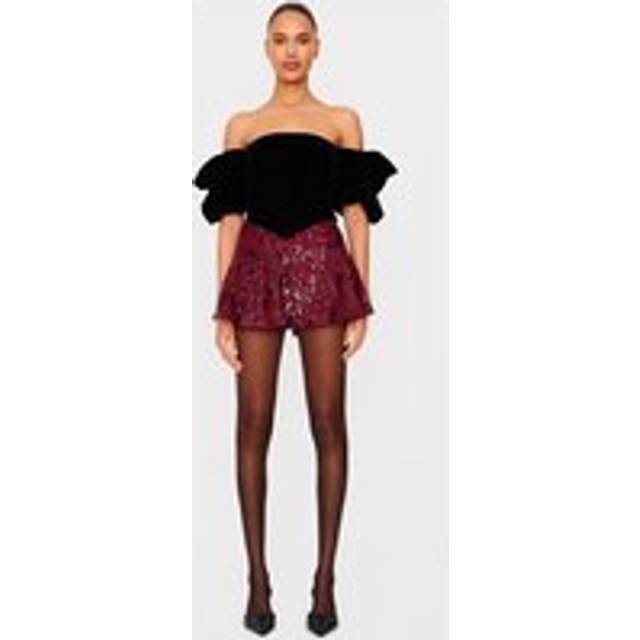 Burgundy Premium Extreme Sequin Pleated Skater Skirt, Red - 4