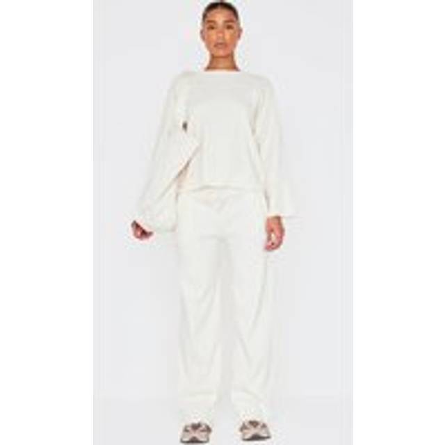 Cream Ribbed Oversized Wide Leg Trousers, White - 14