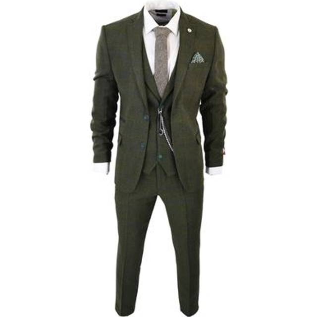 3 Piece Suit Wool Tweed Herringbone - Olive - 42R