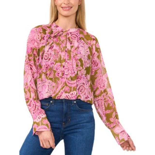 Cece Pleated Tie Neck Blouse