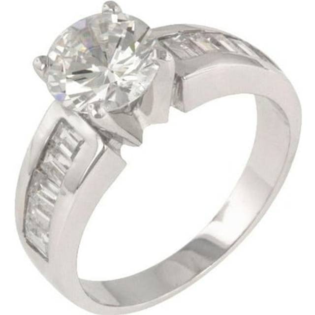 Silvertone Round and Baguette-Cut Cubic Zirconia Engagement Ring