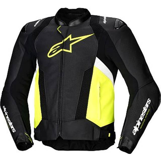 Alpinestars Missile V3 Airflow perforated Motorcycle Leather Jacket, black-white-yellow, Size 56 for Men