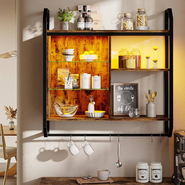 4 Tier Floating Pipe Shelving LED Wall Mounted Shelf With Adjustable Glass Shelf Pipe Shelves Hanging Display Rack Bookshelf With 6 S Hooks For Living - Brown (88.6cm H X 86cm W X 19.5cm D)