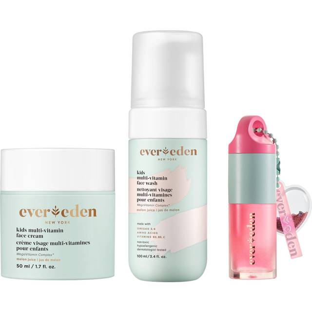 Evereden Happy Kids Skin & Lips Routine - Multi-Vitamin Kids Face Wash & Kids Face Cream & Tinted Lip Oil Set - Clean & Vegan Skin Care for Kids 3+ -
