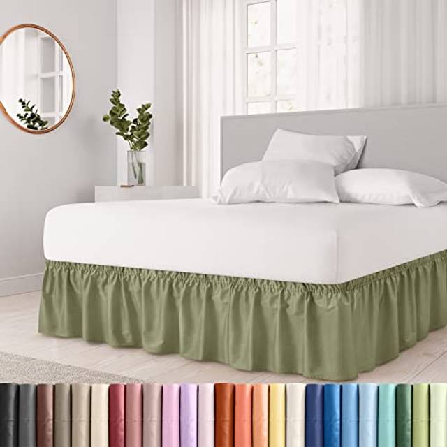 Wrap Around Dust Ruffle Bed Skirt - Sage Green - Made for Full Size Beds with 15 in. Drop - Easy Fit Elastic Strap - Pleated Bedskirt with Brushed Fab