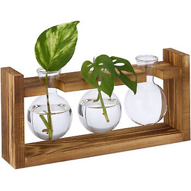 Relaxdays - Plant Propagation Station, Round Glass Vases with Stand, for Cuttings, Hydroponic, 13x28x6.5 cm, Clear/Brown