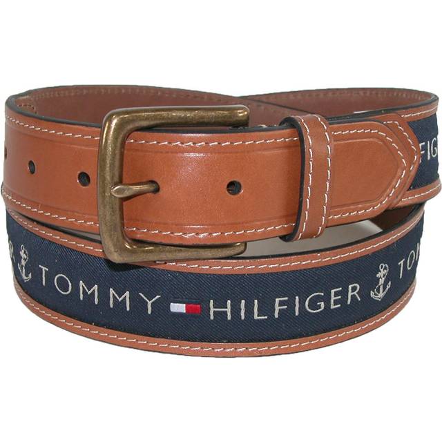 Tommy Hilfiger Men&#39;s Leather Casual Belt with Fabric Inlay - Tan with - Tan with Navy Inlay (38)