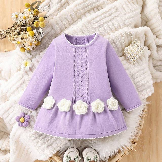 SHEIN Baby Girl Floral Applique Casual Purple Round Neck Long Sleeve Sweater Dress, Fashionable New Arrival For Autumn/Winter