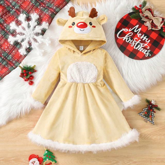 SHEIN Young Girl Christmas Long Sleeve Faux Fur Embroidered Cute Deer Hooded Splice Color Block Dress, Fall/Winter New Arrival