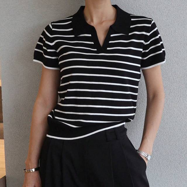 DAZY Women Collared Striped Short Sleeve Sweater