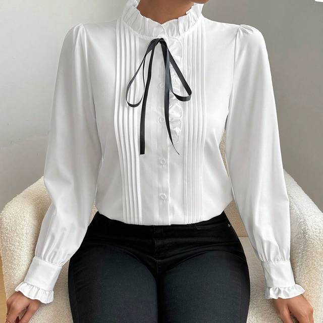 Gloray Women&#39;s Long Sleeve Pleated Ruffled Tie Neck Blouse, Elegant For Spring & Autumn Women Shirt