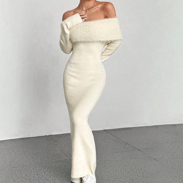 Flirla Off-Shoulder Long Fitted Sweater Dress, Solid Color