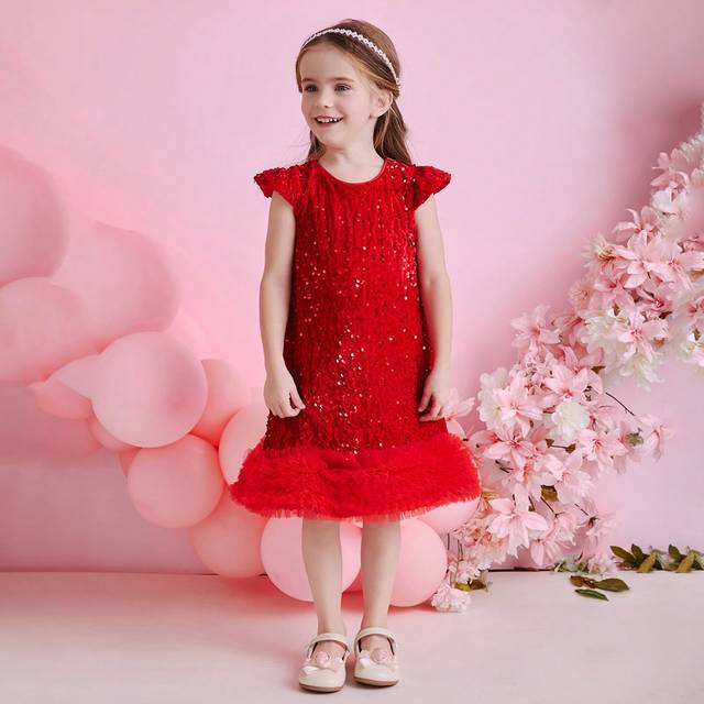 SHEIN Young Girl Christmas Holiday Party Wear, Children&#39;s, Halloween, Ball Gown Dress, Girl&#39;s Toddler Red Sequins & Beads Mesh Ruffle Hem, Stage Performance