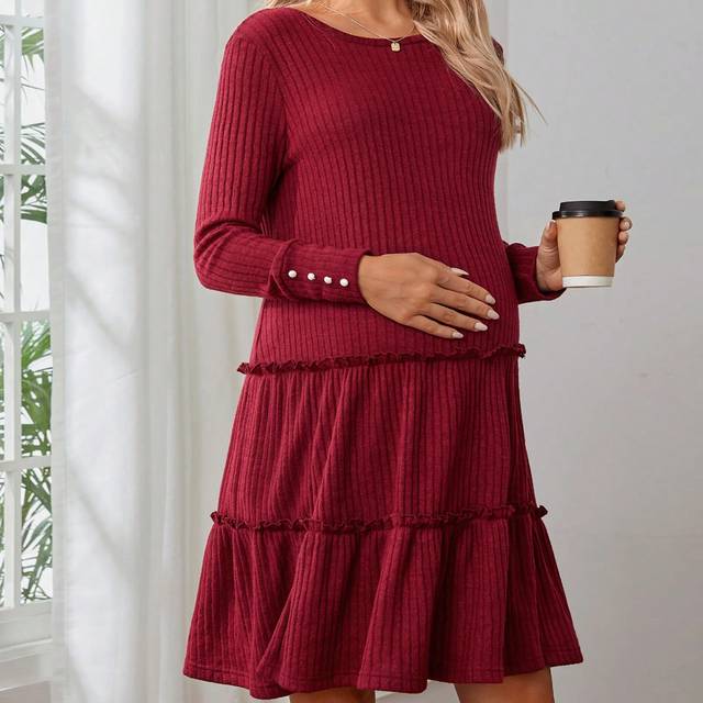 SHEIN Maternity Waffle Knit Ruffle Hem Smock Dress