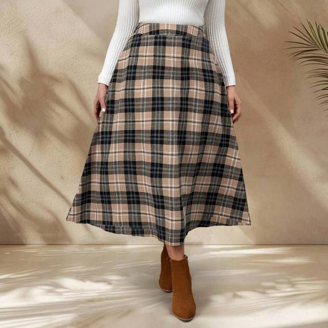 EMERY ROSE Plus Size Women Plaid Skirt, Elegant Autumn/Winter