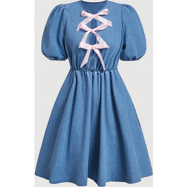SHEIN 1pc Women&#39;s Denim Mini Dress With Bowknot , Blue Color