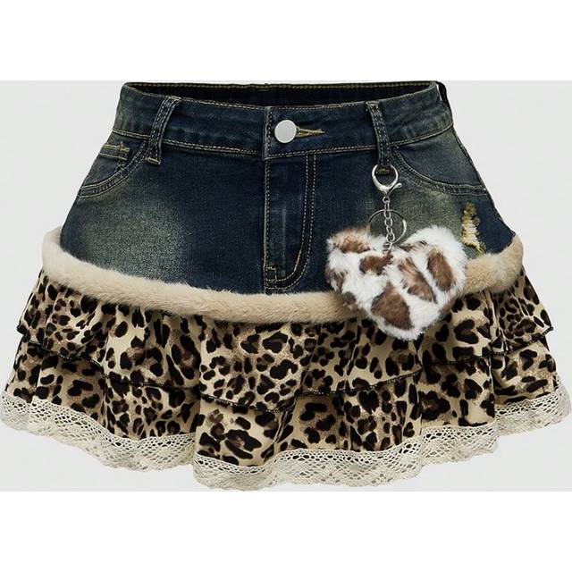ROMWE Y2K Gyaru Baddie Patchwork Leopard Print Lace Trim Mini Denim Skirt