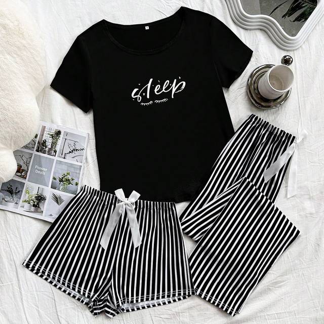 SHEIN Women&#39;s Striped Sleep Print Bowknot Short Sleeve T-Shirt + Shorts + Pants Pajama Set Bow Tie