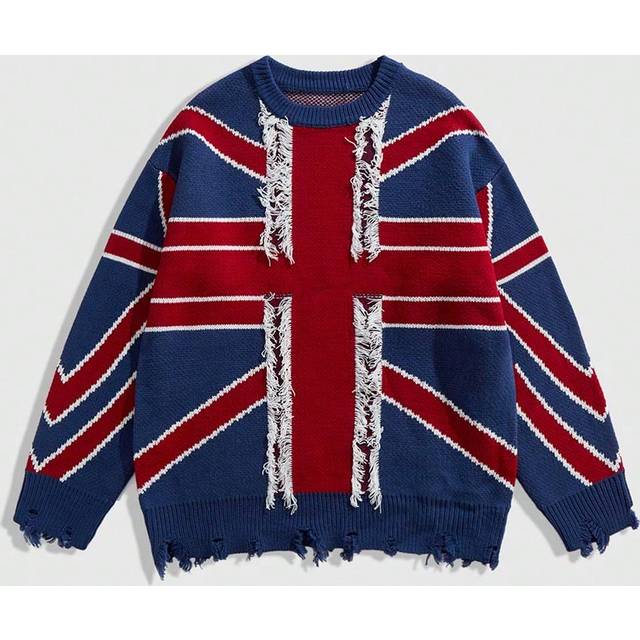 ROMWE MEN Fashion Casual Retro Flag Pattern Knitted Pullover Sweater For Men, Round Neck, Loose Fit, Winter Tops
