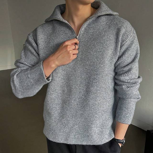 DAZY Men Ribbed Knit Quarter Zip Drop Shoulder Fall Sweater