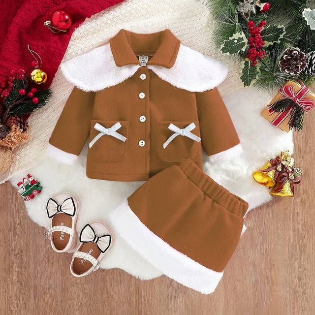 SHEIN Baby Girl Holiday Plush Shawl & Mini Skirt Set