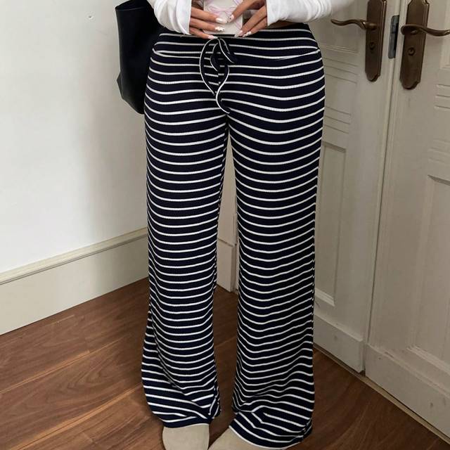 SHEIN Women&#39;s Casual Striped Low Rise Drawstring Waist Sweatpants, Wide Leg Yoga/Home Pants, Autumn/Winter