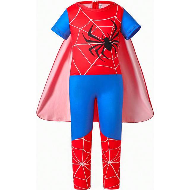 SHEIN 2pcs/Set Young Boy Spider Superhero Cosplay Outfit, Includes Jumpsuit & Cloak. Suitable For Cosplay Performance, Events And Activities
