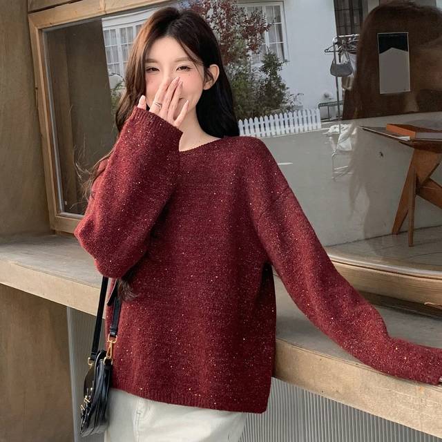 DAZY Women Sequin Embellished Round Neck Drop Shoulder Oversized Sweater, Autumn/Winter