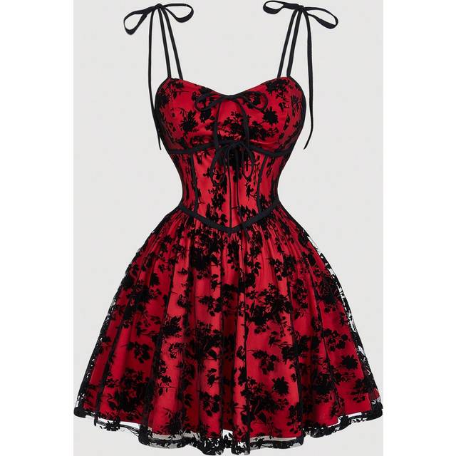 SHEIN Plus Size Vintage Black Mesh Embroidered Bow Decor Cami A-Line Mini Dress, For Summer