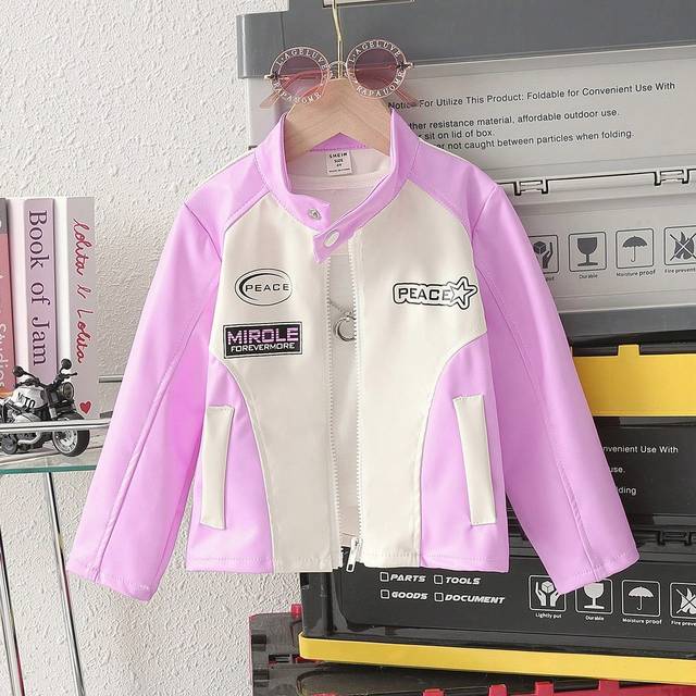 SHEIN Girls Casual Pink & White Contrast Color Printed PU Leather Jacket, Autumn