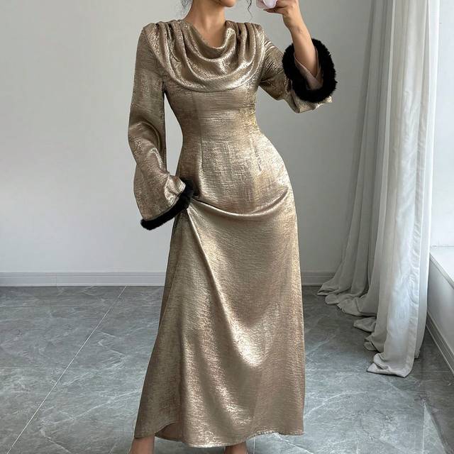 Rafferiza Elegant Romantic Bell Sleeve Ruffle Collar Long Dress For Women