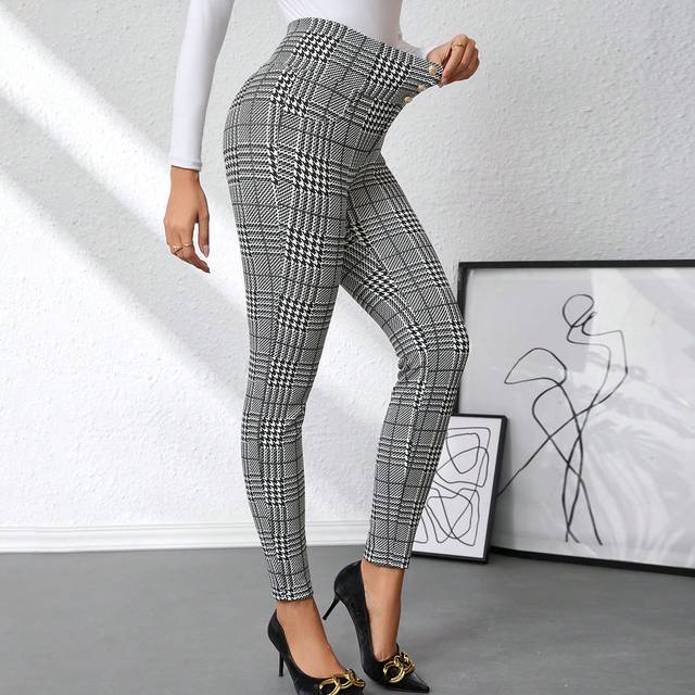 Ellevyn Women&#39;s Elegant Plaid Print Metal Buckle Decor Black & White High Waist Slimming Knit Pants, Summer