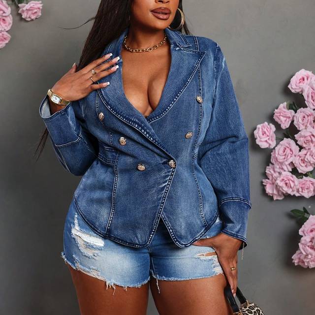 Slaydiva Plus Size Blue Denim Jacket, Sexy Form-Fitting Stretchy Long Sleeve