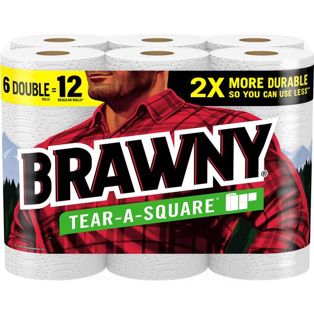 Brawny Tear-A-Square Paper Towels  6 Double Rolls = 12 Regular Rolls  3 Sheet Sizes (Quarter  Half  Full)  Strength for All Messes  Cleanups  and Meal