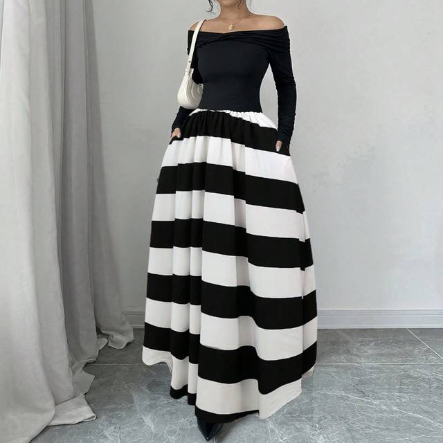 Rafferiza Women&#39;s Elegant Dress With Twisted Front Details, Black & White Striped Print Patchwork Fabric Maxi Women Outfit