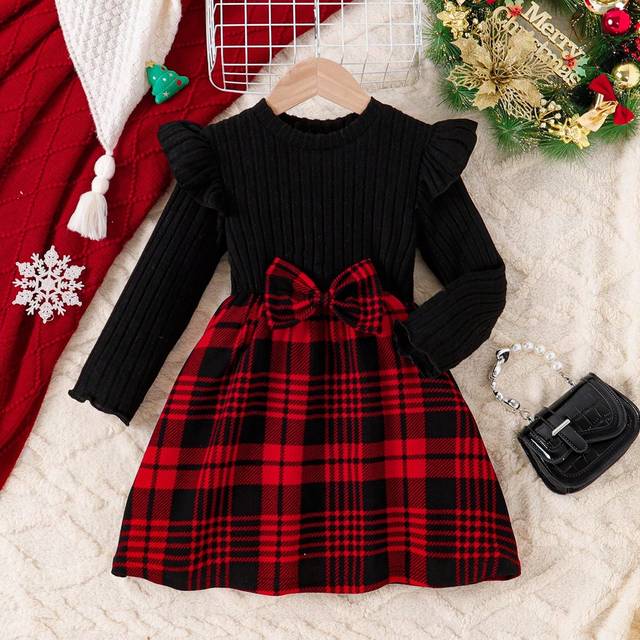 SHEIN Young Girls&#39; Christmas Bow Decor Long Sleeve Round Neck Dress