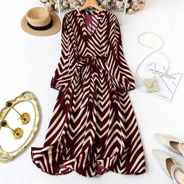 SHEIN Plus Size Women Casual Allover Print Notched Neck Lantern Sleeve Self-Tie Belt Dress, Spring & Autumn Burgundy Women Outfit