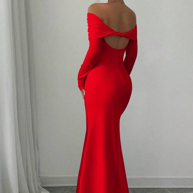 Rafferiza Elegant Fitted Long Sleeve Ruched Off Shoulder High Collar Twist Knot Fish Tail Hem Ribbed Knit Dress For Women, Autumn/Winter Maxi Women Outfit