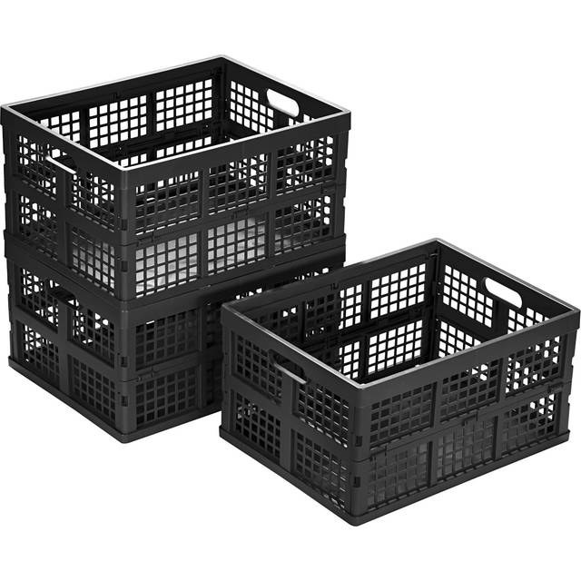 Eslite 34L Large Plastic Folding Storage Crates Collapsible Crates for Storage Pack of 3 (Black)