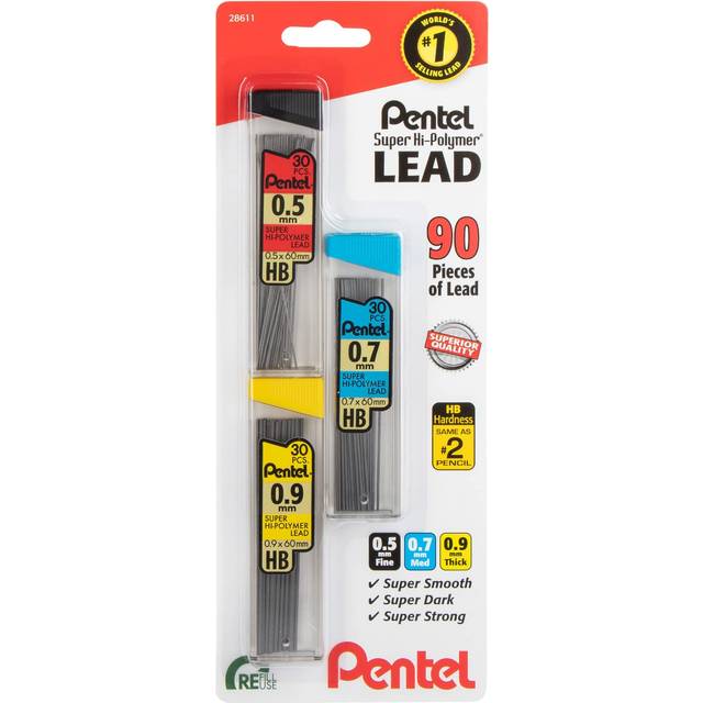 Pentel Super Hi-Polymer Mechanical Pencil Lead Refill - 0.5mm  0.7mm  0.9mm - 90 Lead refills (30 of Each Size)