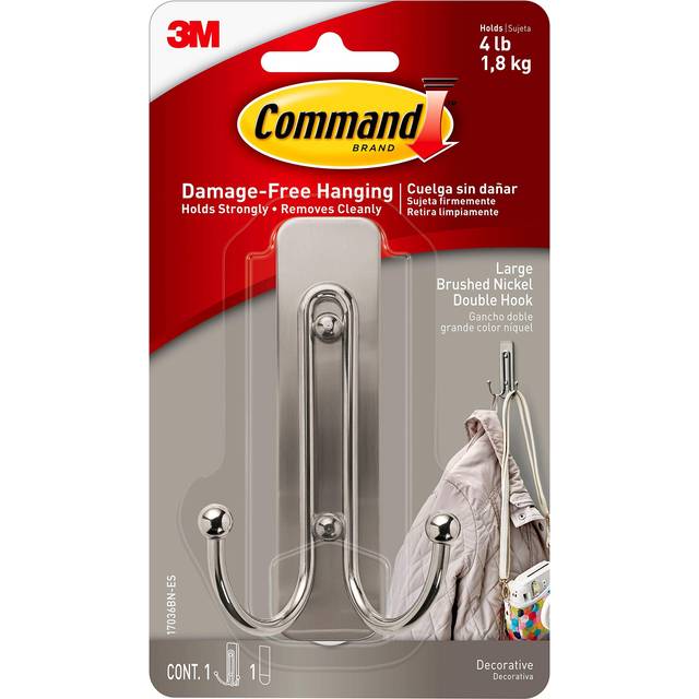 Brushed Nickel Double Decorative Hook for Indoor Use - 1 Metal Large Hook and 1 Adhesive Strip - Hang Jackets, Purses, Handbags, Hats, Scarves, Dog