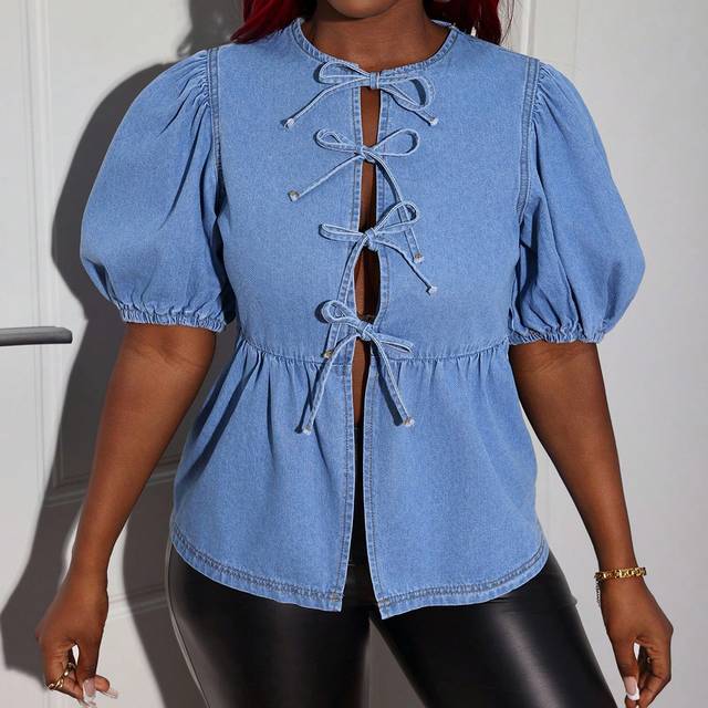 SHEIN Women&#39;s Sexy Denim Blouse With Tie-Up Puff Sleeves, Blue,