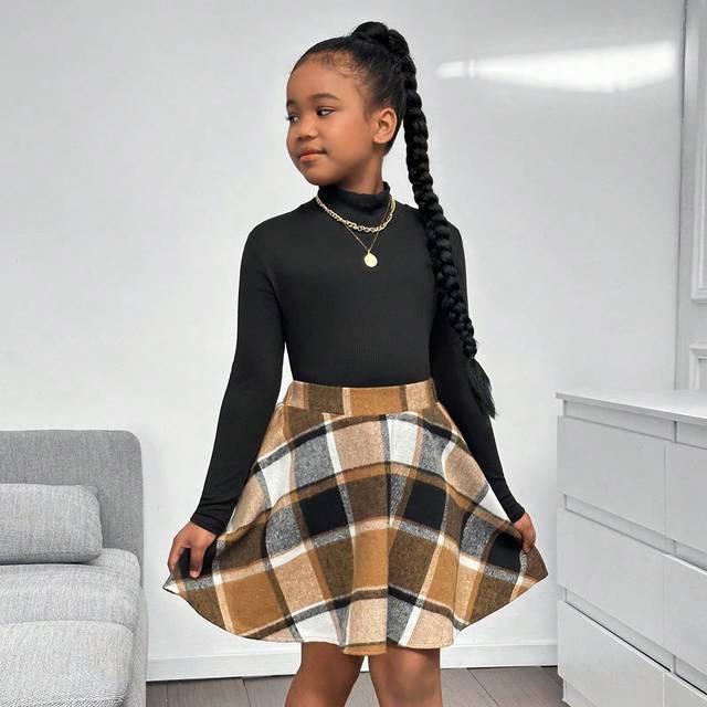 SHEIN Tween Girl Black Ribbed Mock Neck Long Sleeve Top & Plaid A-Line Mini Skirt 2 Pieces Set, Fashion Casual Outfit