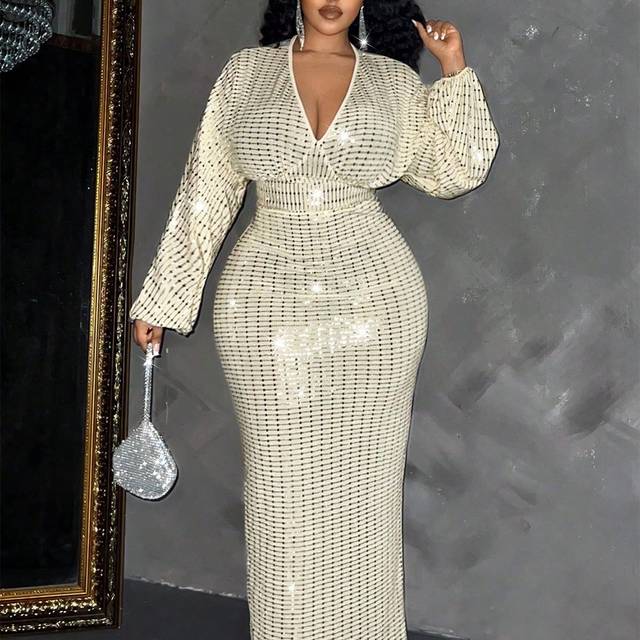 Maweii Plus Size Women&#39;s Elegant Sequin Deep V-Neck Long Sleeve Dress Maxi Women Outfit