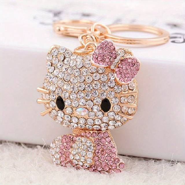Sanrio 1pc Hello Kitty Rhinestone Studded Keychain, Valentine&#39;s Day Special Edition, Metallic Cartoon Cat Key Chain, Bag Accessory, Valentine&#39;s Day Gift