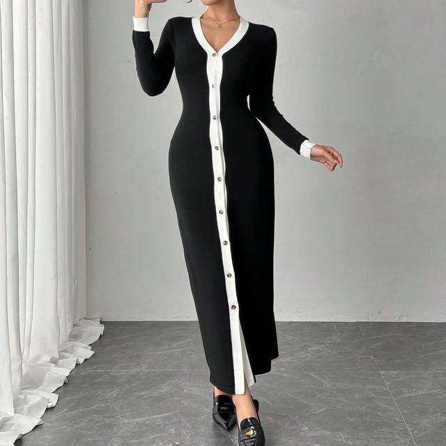 Firerie Women Black & White Contrast Front Button Long Sleeve Sweater Knit Dress, Casual Everyday Wear