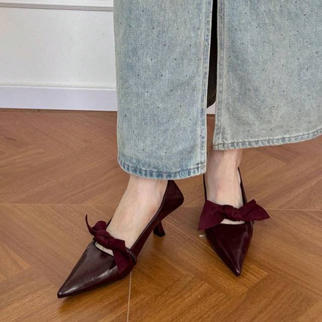 SHEIN 2025 Spring/Autumn New Burgundy Pointed Toe High Heel Shoes For Women, Elegant Bowknot Thin Heel Slip-On Pumps