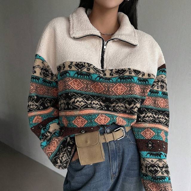 DAZY Geo Print Half Zip Drop Shoulder Sweatshirt Boho,Fleece Lined