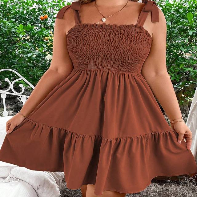 Breezaya Plus Size Boho Casual Solid Color Tied Strap Dress, For Holiday, For Summer